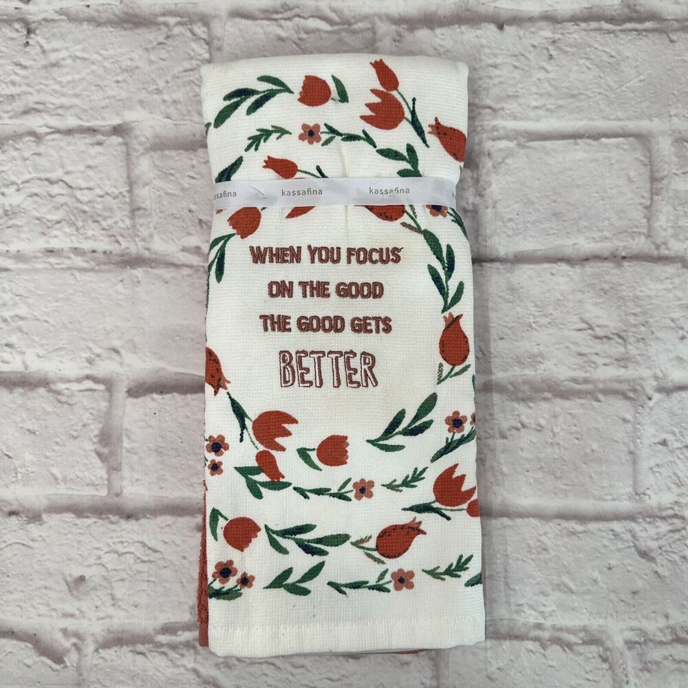Kassafina Hand Tea Towel Set Embroidered Floral Print Bath Kitchen New 16x24